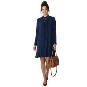 Tory Burch Jane Navy Ruffle Front‎ Long Sleeve Shift Dress Size 14 NWT